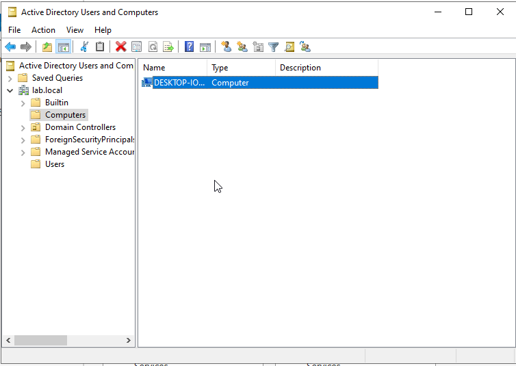 Active Directory Users and Computers showing client machine account