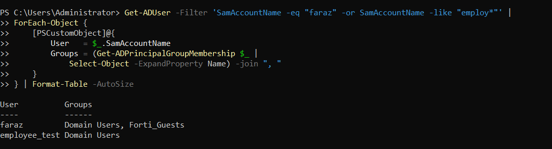 PowerShell output showing Active Directory group memberships