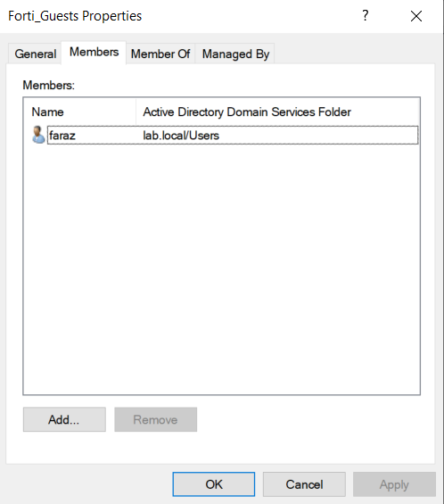 Active Directory Users and Computers showing Forti Guests group membership
