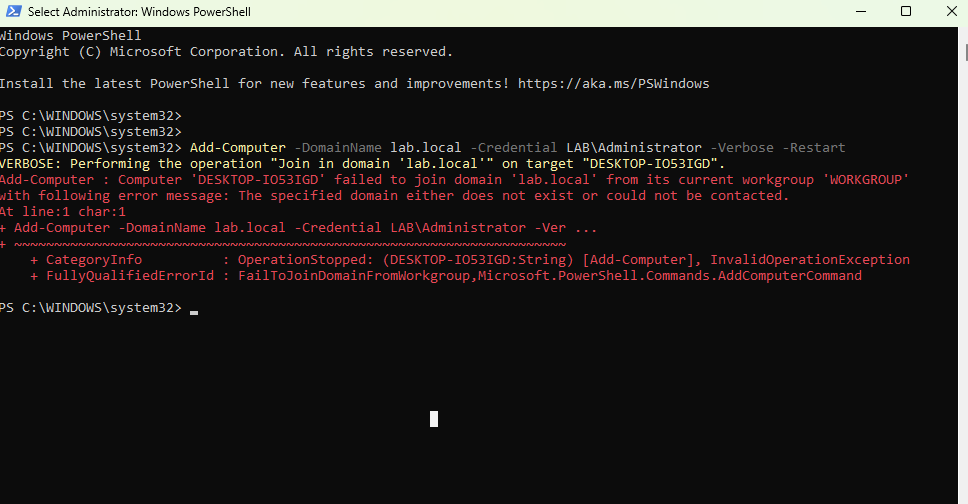 PowerShell domain join failure showing domain could not be contacted