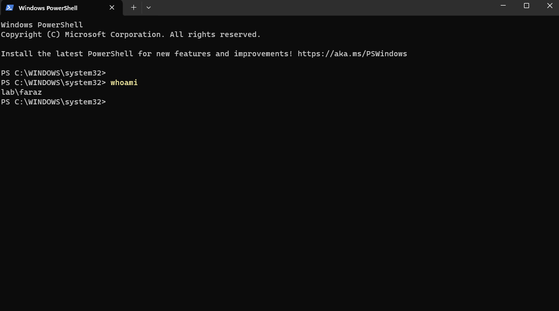 PowerShell whoami output showing lab faraz