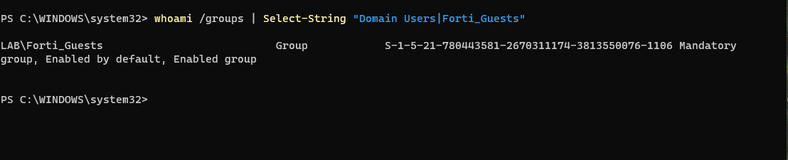 PowerShell token output showing LAB Forti Guests enabled