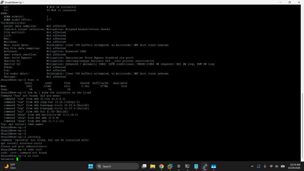 lscpu and free -h showing 8 vCPUs and 62 GiB