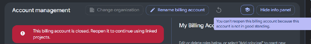 Google Cloud billing account closed banner