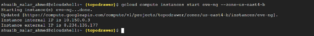 Cloud Shell showing the VM started with external IP 8.234.135.177