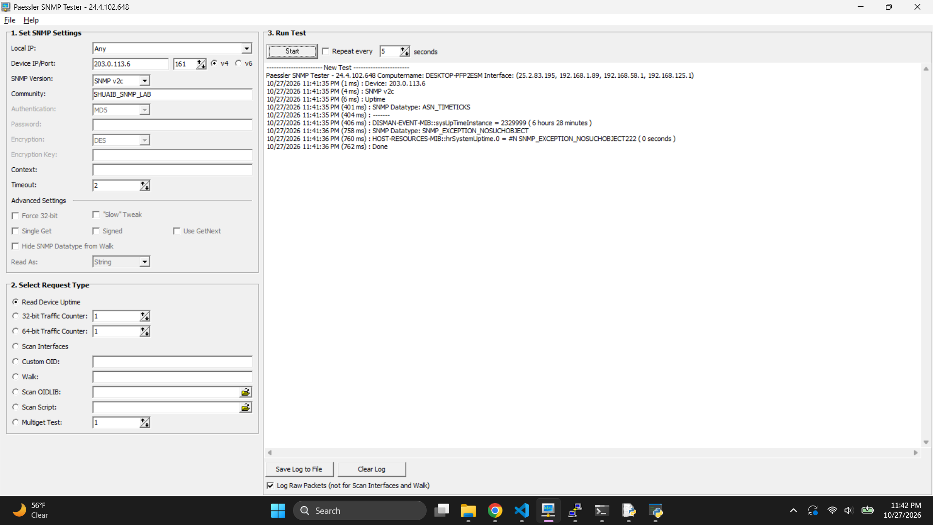 SNMPv3 uptime test result